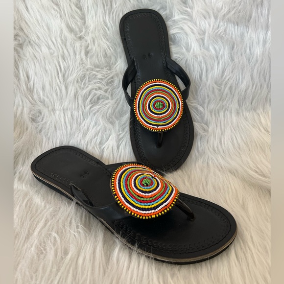 Beaded leather sandal flip flop medallion - Picture 2 of 8